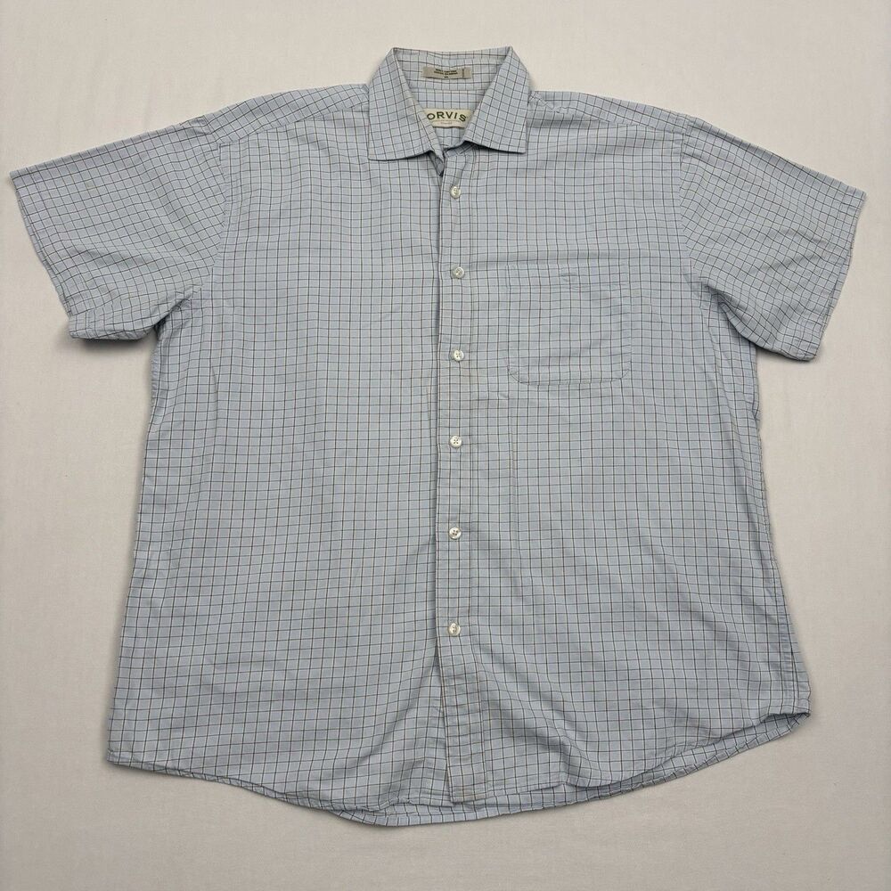 Orvis Plaid Short Sleeve Button Front Casual Shirt Mens XL Blue Cotton Summer